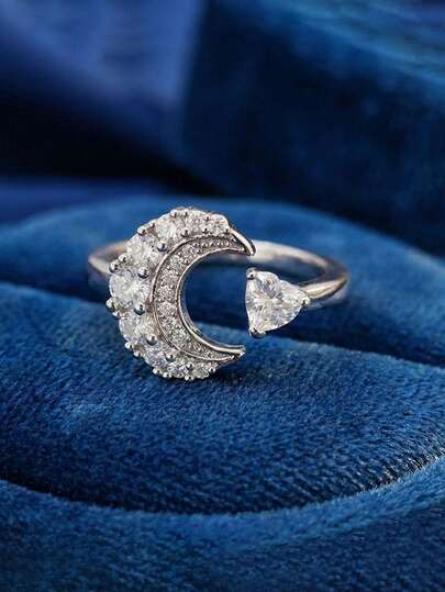 1 chiếc nhẫn điều chỉnh được hình trăng sao cho nữ, đính đá Cubic Zirconia, món quà lãng mạn, nhẫn đeo xếp lớp dễ thương, phù hợp để đeo hàng ngày và dự tiệc.