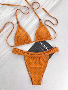 Women's Retro Sweet Solid Color Spaghetti Strap Tie Bikini Set, Casual Resort Wear Sexy Fitted Beach Party Elegant Fashion Swimsuit Set - Multicolor - View 3