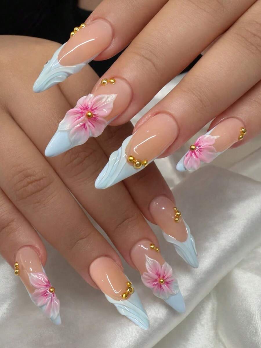 10pcs Handmade 3D Floral Sky Blue Almond Shaped False Nails, 3D Floral Wavy Design, Suitable For Women & Girls Daily Wear - 淺藍色 - 查看 1