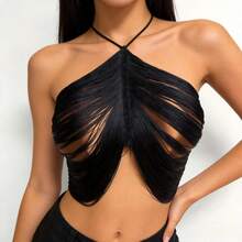 AKYZO Top Negro Sexy con Borlas Estilo Europeo y Americano, Chaleco con Cuello Halter, Ropa Versátil para Mujer, Estilo Picante - Negro - Ver 2