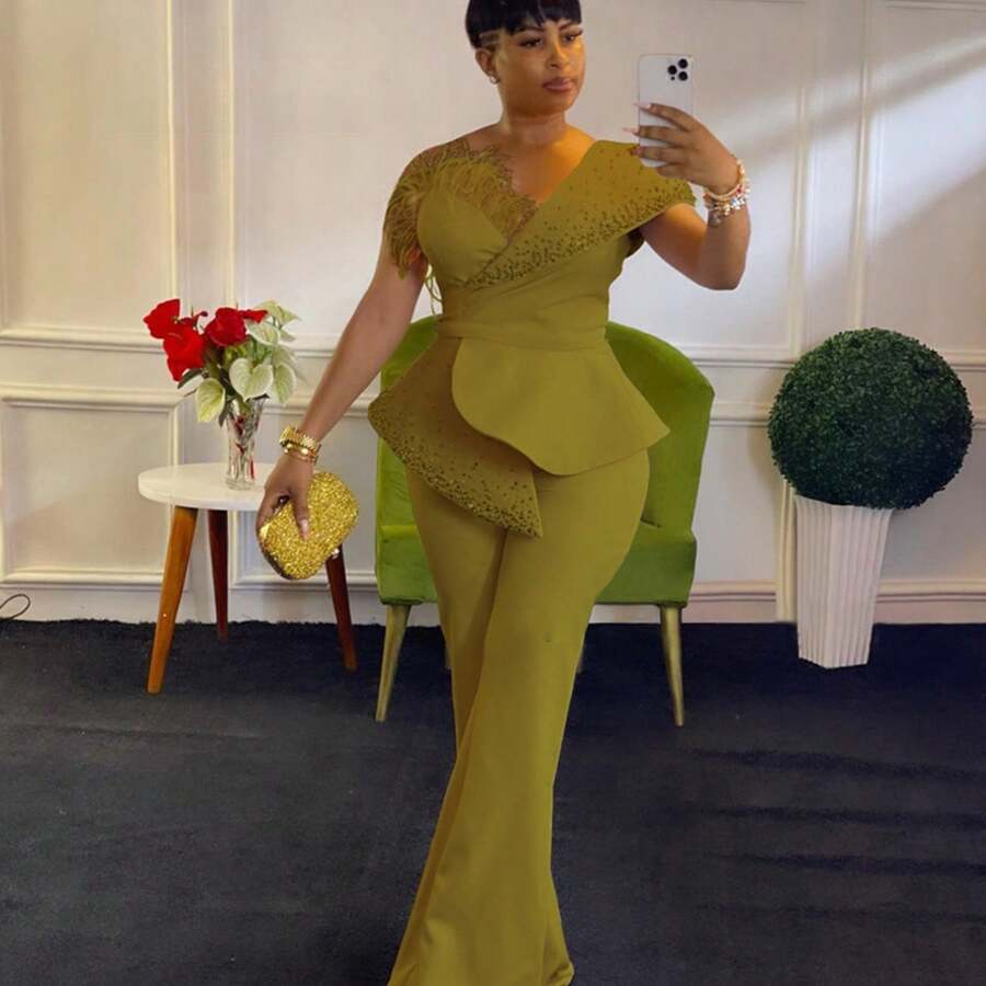 Plus Size, Off-Shoulder Casual High-Waisted Plus-Size Wide-Leg Jumpsuit - Green - View 1