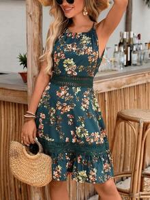 Vestido de verano con espalda descubierta, con estampado floral y bordado de encaje para vacaciones - Negro 2 - Ver 9