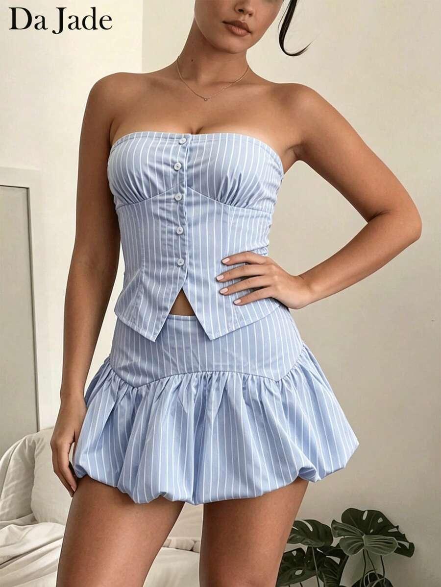 Da Jade 2pcs Women's Striped Print Button Crop Top And Ruffle Mini Skirt Set, Summer Vacation Outfit - Blue - View 1