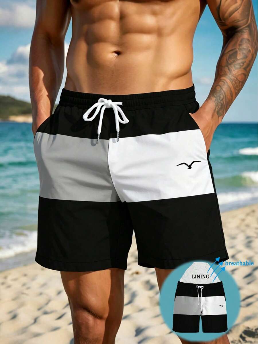 Quần short nam mùa hè in họa tiết 3D Seagull, cạp chun, nhanh khô, hai lớp, có lót lưới, quần short đi biển thường ngày thời trang cho kỳ nghỉ, phong cách Hawaii