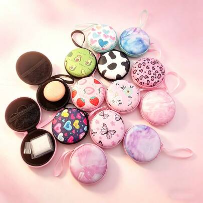 1pc EVA Material Colorful Printed Round Digital Mini Storage Bag, Suitable For Chargers/Cables/U Disks/Wireless Earphones And Other Small Digital Products Storage, Mesh Pouch Design, Hanging Strap For Outdoor, Zipper Closure, Multiple Patterns Available