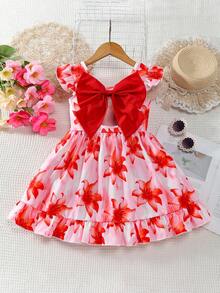 Đầm đi nghỉ hè in hoa hở lưng thắt nơ cho bé gái - Đỏ - Xem 2