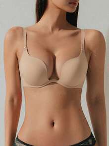 DAZY Women's Push Up Bra U Deep Plunge Padded Low Cut Underwire Bra, Lingerie - Beige - View 4