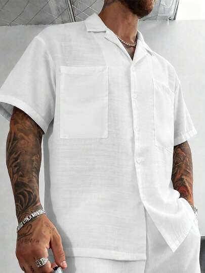 GloMan Men's White Linen Blend Summer/Autumn Buttons Up Short Sleeve Shirt,Breathable,For Street,Daily,Beach Vacation,Back To School,Boyfriend/Husband
