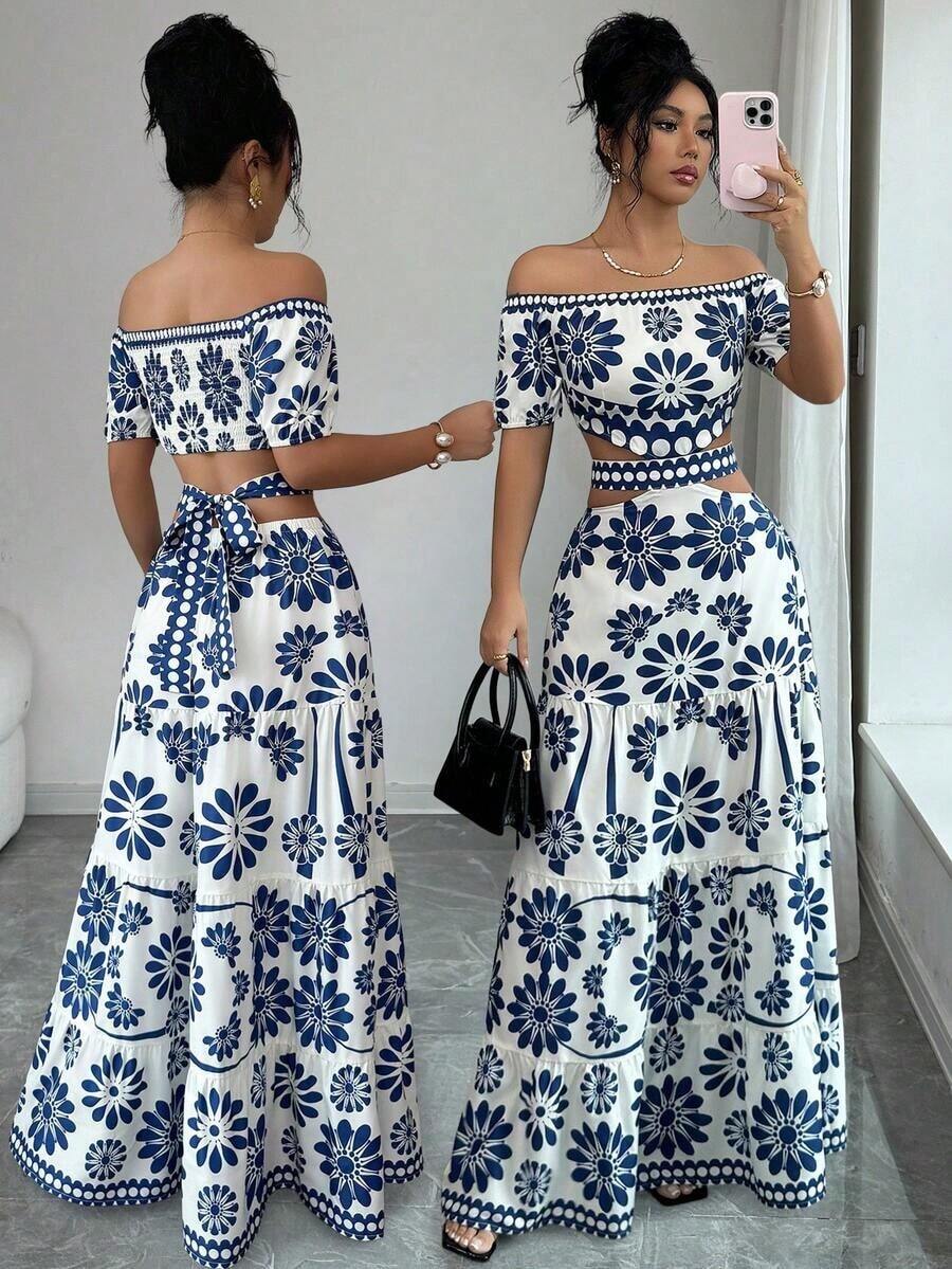 de moda con estampado floral, hombros descubiertos, manga corta y cintura hueca - Azul 2 - Ver 1
