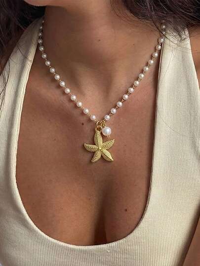 1pc Boho Sweet Y2K Coastal Elegant Minimalist Faux Pearl Gold Ocean Starfish Shell Pendant Necklace For Women Girl Summer Beach Vacation Party Versatile Accessory