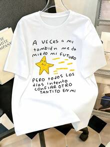 T-shirt en pur coton pour femme, orné d'un slogan unique, coupe ample, légèrement grande taille, décontracté printemps/été toute l'année, sportif et , haut blanc à manches courtes doux et respirant, grande taille. - Blanc 7 - Voir 2