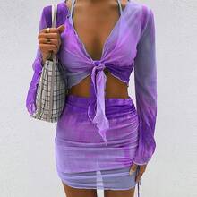 Moda cuello en V manga acampanada Tie Dye Tops Mini falda traje mujeres camisetas de malla faldas con cordones nuevo verano Mujer 2 piezas conjunto trajes - Morado - Ver 5