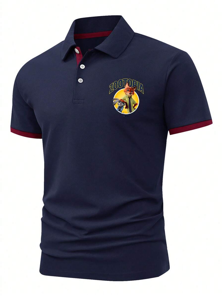 This Formal Men's 210g Short-Sleeved Shirt Is A Summer Style Featuring Disney Logos Of Judy Hopps From Zootopia And Nick Wilde. The Disney Logo Blends Business Casual Style With A Stand-Up Collar And Turn-Down Collar Design, Making It Suitable For Everyday Wear And Golf. - 藏青色 - 查看 1