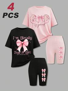4pcs/Set Teen Girls' Y2K Fashion Elegant Style Pink Slogan Bow Print Print Tee & Cycling Tight-Fitting Printed  Shorts 2 Pieces Outfits, Suitable For Summer Casual Outings - Nhiều màu - Xem 1