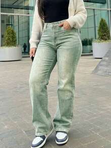 Women's Vintage-Style Wide-Leg Straight-Leg Jeans, Casual For Spring - 淺色水洗 3 - 查看 7