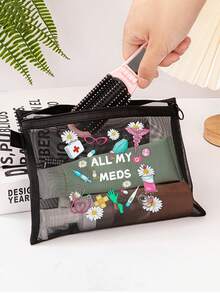 "All My Meds" Printed Mesh Makeup Bag, Red Padded Portable Pill Pouch, Cosmetic Bag, Skincare Bag, Travel Essential, Dorm Supplies, Wedding Bride Gift, Mother's Day Gift, Birthday Gift, Transparent Pill And Medical Supplies Storage Bag, Fashion Travel Pill Bag, Health Essential - Multicolor - View 11