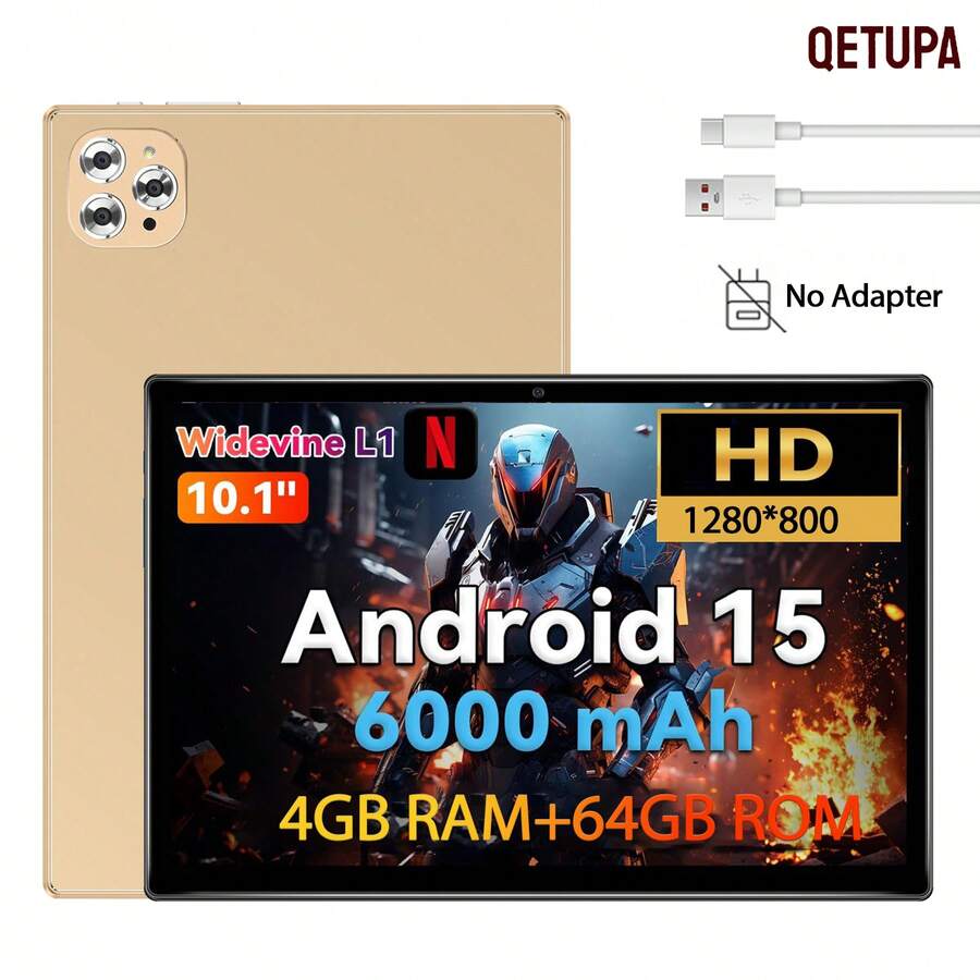 Qetupa Tablet PC de 10.1 pulgadas, sistema Android 15, CPU Octa-Core MTK 8788 a 2.0GHz, 4GB de RAM, 64GB de ROM, pantalla IPS HD de 1280*800, cámara frontal de 5MP y cámara trasera de 13MP, batería grande de 6000mAh, WiFi 802.11ac, GPS, Widevine L1 (adaptador no incluido)