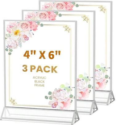 3 piezas Portafotos de acrílico dorado de 4x6 pulgadas, soporte de mesa inclinado adecuado para números de mesa de boda, letreros de restaurante, exhibición de fotos y arte
