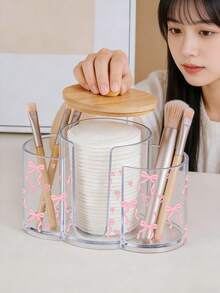 Caja de almacenamiento de plástico transparente con tapa de bambú con diseño de lazo rosa en 3 en 1, organizador de maquillaje de escritorio con tres agujeros redondos, caja de almacenamiento de cosméticos transparente con tres compartimentos - Caja de almacenamiento de tocador moderno con tapa, ideas de regalo para mujeres - Multicolor - Ver 4