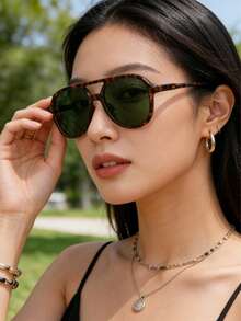 1 Set New Aviator Fashion Women's Glasses, Full Frame, Elegant Style, Metal Temple Combination, Minimalist Design, Valuable Set, Suitable For Elegant Summer Beach Vacation, Outdoor Activities And Travel - Leopard - View 5