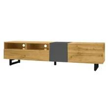 TV-bänk med färgblock, enkel design i kontrasterande färger, tre dörrar och två fack, U-formade metallben, retro träådring. - Naturlig färg - Visa 10