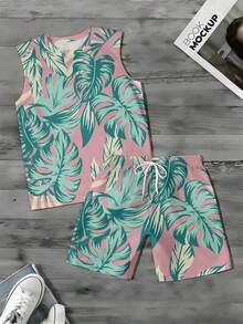 Summer Outfits For Men Tropical Leaf Pattern 2026 Summer New Styles Men's Plus Size Wide Shoulder Vest & Beach Shorts Set Two Piece Set For Beach And Vacation Wear Perfect Gift For Him - trắng - Xem 5
