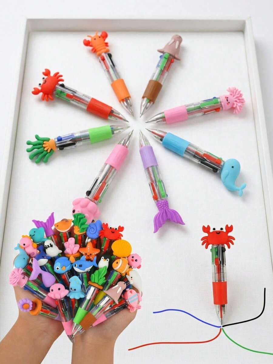 Bộ 12 bút bi hình động vật hoạt hình dễ thương chủ đề đại dương, 4 màu trung tính: Thiết kế hình động vật đáng yêu, viết trơn tru. Hoàn hảo làm đồ dùng văn phòng hoặc quà tặng giá trị - Thích hợp cho sinh nhật, tiệc độc thân, tiệc mừng em bé, lễ đính hôn, biểu diễn ba lê, trường học, văn phòng và sử dụng tại nhà. - Bút bốn màu trong suốt Ocean - Xem 1