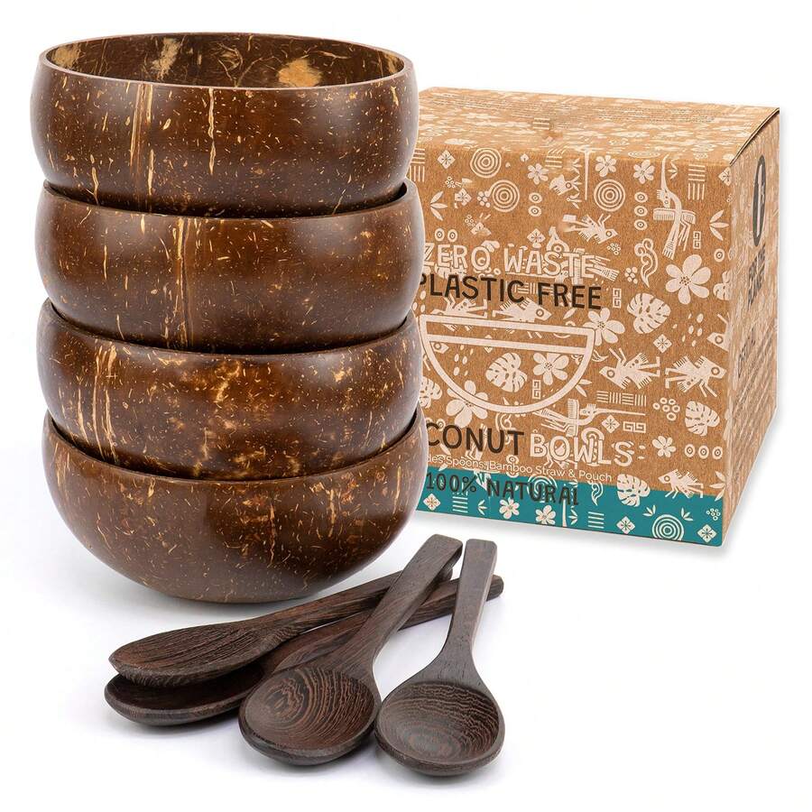 8 Pcs Natural Coconut Bowl Set, Boho Wooden Coconut Bowl With Spoon, Handmade Smooth Polished Coconut Shell Tableware, Lightweight Kitchen Utensils, For Salad, Oatmeal, Breakfast & Dessert (Includes 4 Coconut Shell Bowls & 4 Wooden Spoon)