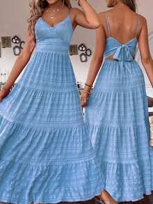 Vintage Countryside Birthday Wedding Guest Cute Bow Tie Layered Patchwork Dress For Women - Blue - View 6