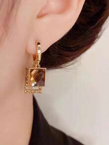 1 par de pendientes de hebilla geométrica cuadrada de lujo ligero y versátil, adecuados para ropa diaria y estilo de fiesta, moda de fiesta - Dorado - Ver 2
