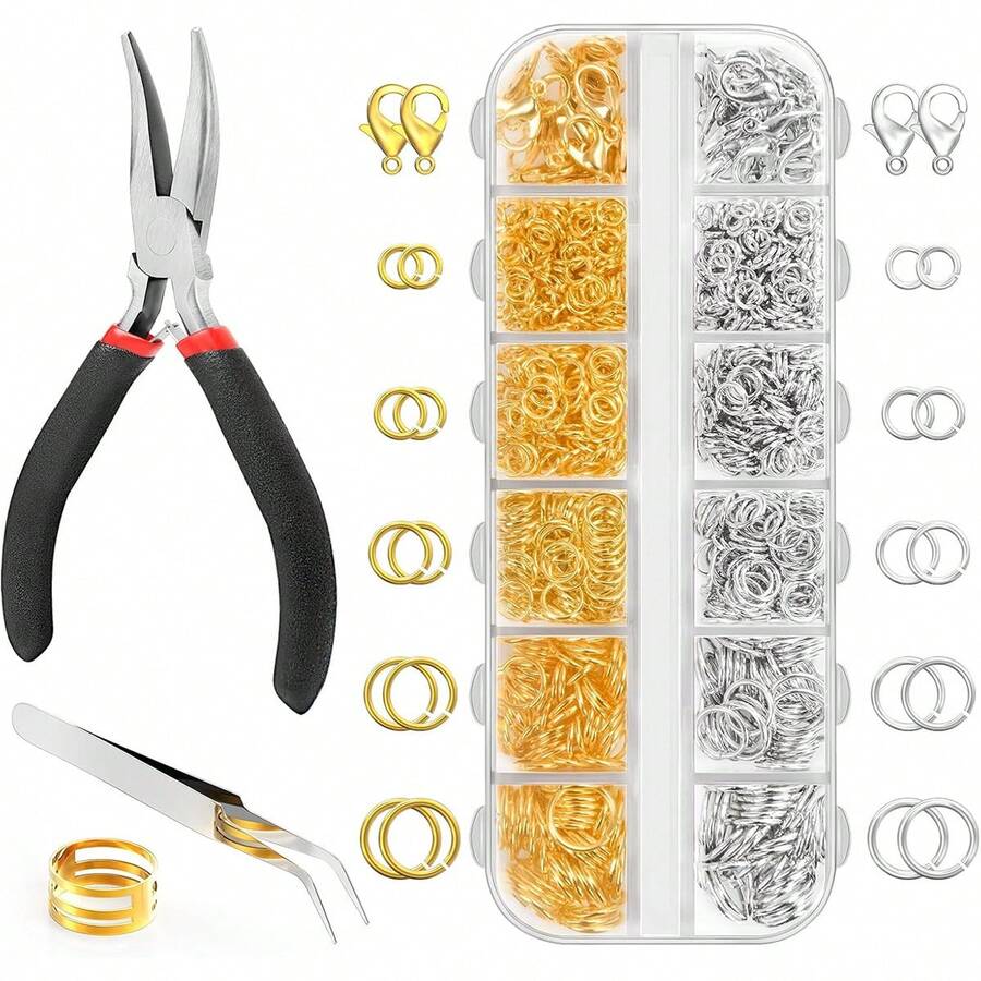 1200pcs Jewelry Making Jumpring, Necklace Repair Kit (Includes Pliers, Tweezers, Lobster Clasps, Open Rings), For Handmade Crafts And Keychain Making - DIY Jump Ring Set - View 1