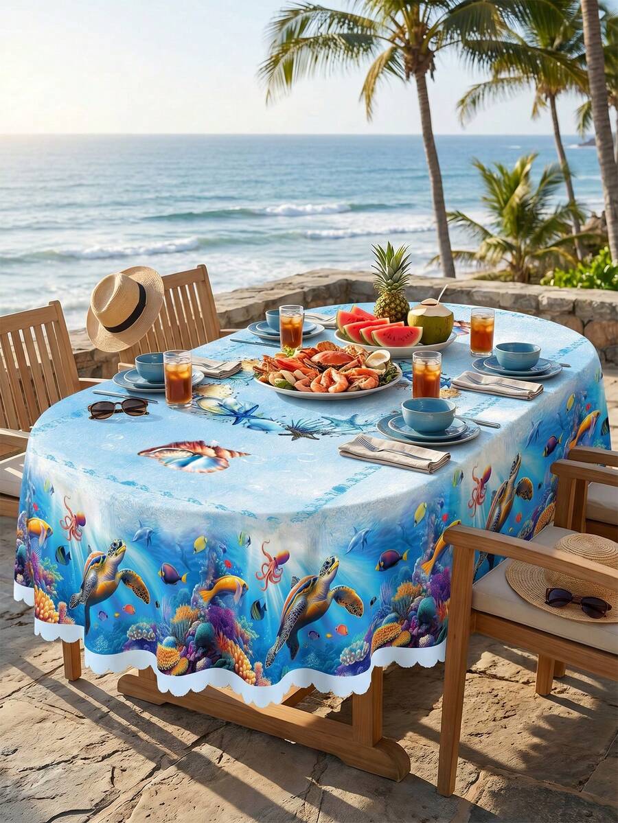 Toalha de Mesa com Estampa de Tartaruga Marinha Retangular/Oval/Redonda, Toalha de Mesa de Renda Estilo Oceano de Verão em Poliéster, Adequada para Decoração Doméstica, Cozinha, Casamento, Decoração Vintage, Chá de Jardim de Primavera/Verão, Piquenique em Pátio Externo, Festa na Praia, Decoração de Aniversário, Decoração de Festa, Recepção de Casamento, Reunião Familiar, Dia das Mães e Dia dos Pais - Multicolorido - Visão 1