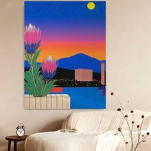 Con marco 1 pieza, . Póster vibrante de atardecer floral. Arte digital moderno inspirado en paisajes naturales y urbanos, perfecto para decoración contemporánea del hogar. Divertida y creativa pintura en lienzo para decoración de pared del hogar, dormitorio, cocina, sala de estar - Enmarcado - Ver 4