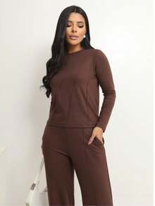 Women's Set Consisting Of A Basic Blouse With A Detail On The Front And Long Sleeves, And Pants With An Elastic Waistband At The Back. - 鏽棕色 - 查看 4
