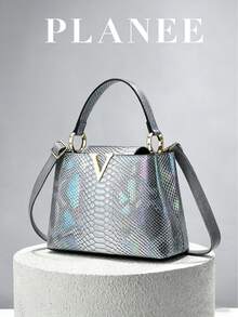 [PLANEE] Designer Retro Iridescent Women's Handbag, Hardware Accessories, 2-Way Tote Shoulder Crossbody Commuter Bag - Light Grey - View 7