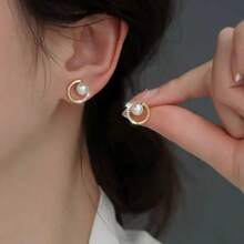2pcs Chic Circular Zirconia & White Pearl Inlaid Design Minimalist Versatile Earrings, Suitable For Work - Multicolor - View 6