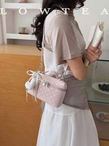 Low Tea 1 pieza Bolso de mano de tela PU de unicolor, bolso tote cuadrado de moda vintage para mujer, diseño de asa superior única, cierre con cremallera, correa de hombro desmontable y ajustable para uso al hombro o cruzado, adecuado para viajes, compras, citas, regalo para mujer, perfecto para ir al trabajo, al aire libre, viajes, salidas (con colgante) - Rosa - Ver 7