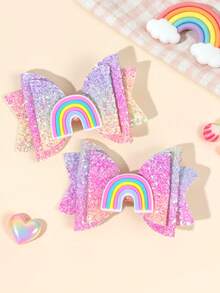 2pcs Adorable Rainbow Hair Bows For Teen Girls Sparkly Gradient Bow Alligator Clips Cute Princess Hair Clips Adorable Bows Barrettes Holiday Gift Teens Hair Accessories - Multicolor - View 8