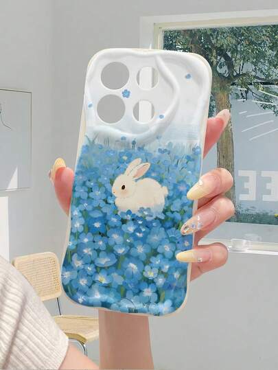 1 pieza Funda protectora de teléfono a prueba de golpes y antideslizante con textura de crema blanca y diseño de conejo azul lindo, compatible con iPhone, Honor