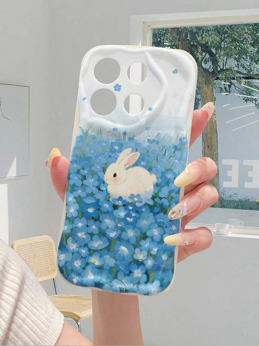 1 pieza Funda protectora de teléfono a prueba de golpes y antideslizante con textura de crema blanca y diseño de conejo azul lindo, compatible con iPhone, Honor - Beis - Ver 1
