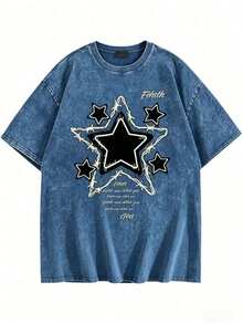 Y2K Star Pattern Dark Washed Cotton T-Shirt, Gold Embroidery Gothic Grunge Top, Oversized Loose Fit Vintage Street Style For Summer - 藍色 - 查看 6