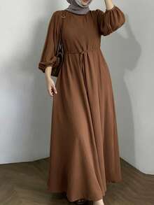 女士棕色阿拉伯风格无弹力长裙，圆领长袖设计，飘逸梭织面料，及地长款礼服，春季款 - 棕色 - 查看 2