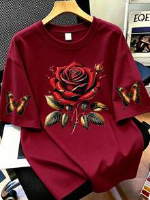 Women's Casual Rose Flower & Butterfly Print Round Neck Short Sleeve T-Shirt, Summer - Burgundy - View 1