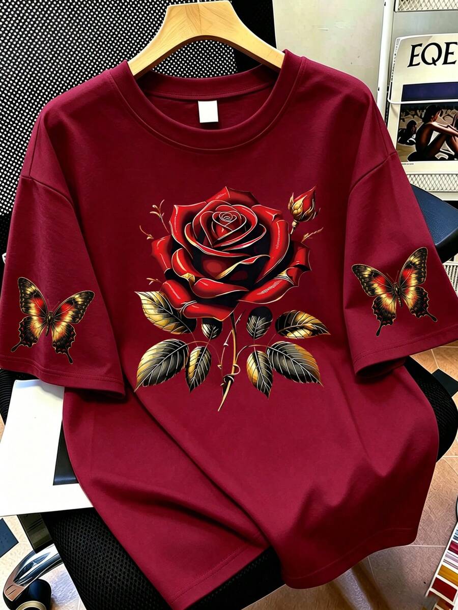 Women's Casual Rose Flower & Butterfly Print Round Neck Short Sleeve T-Shirt, Summer - Burgundy - View 1