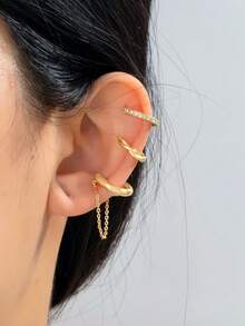 3pcs Fashionable Versatile Rhinestone Inlaid C-Shape Ear Cuff Earrings For Women Without Piercing - Gold - View 1