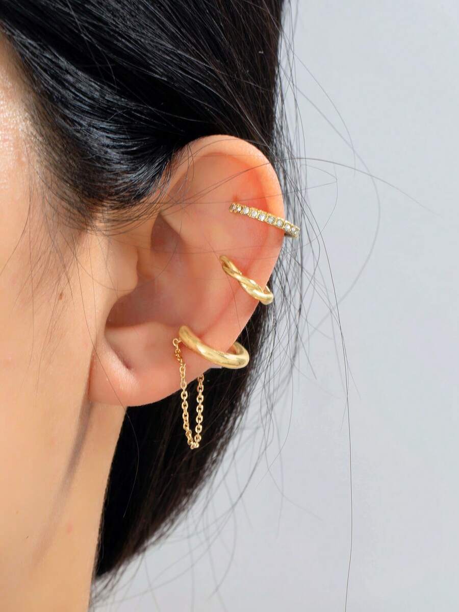 3pcs Fashionable Versatile Rhinestone Inlaid C-Shape Ear Cuff Earrings For Women Without Piercing - Gold - View 1