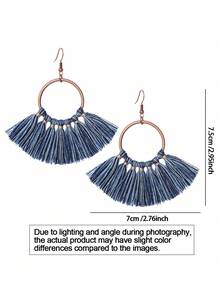TopHanqi Vintage Bohemian Fan-Shaped Tassel Earrings, Distressed Copper Hoop Long Dangle Earrings, Vacation Vibe Versatile Earrings For Women - Multicolor - View 2