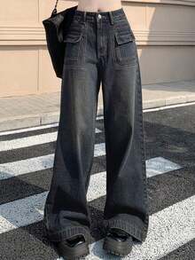 Pantalones Largos Vaqueros Mujer Azul Oscuro Desgastado Degradado, Corte Ancho Palazzo Holgado, Diseño Bolsillos Delanteros Con Solapa, Cintura Alta, Tejido Denim Suave Elástico, Estilo Streetwear Minimalista Ideal Para Outfits Diarios Otoño Invierno - Azul lavado medio - Ver 7