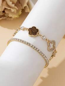 1 Set Luxury Rhinestone Hollow Clover & Pentagram Charm Bracelets, Elegant Women Bracelet Set For Stacking - Brown - View 5