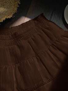 Falda pantalón para mujeres para conciertos campestres, blanca, de tejido, con cintura elástica y volantes en el bajo con silueta evasé - Café integral - Ver 4